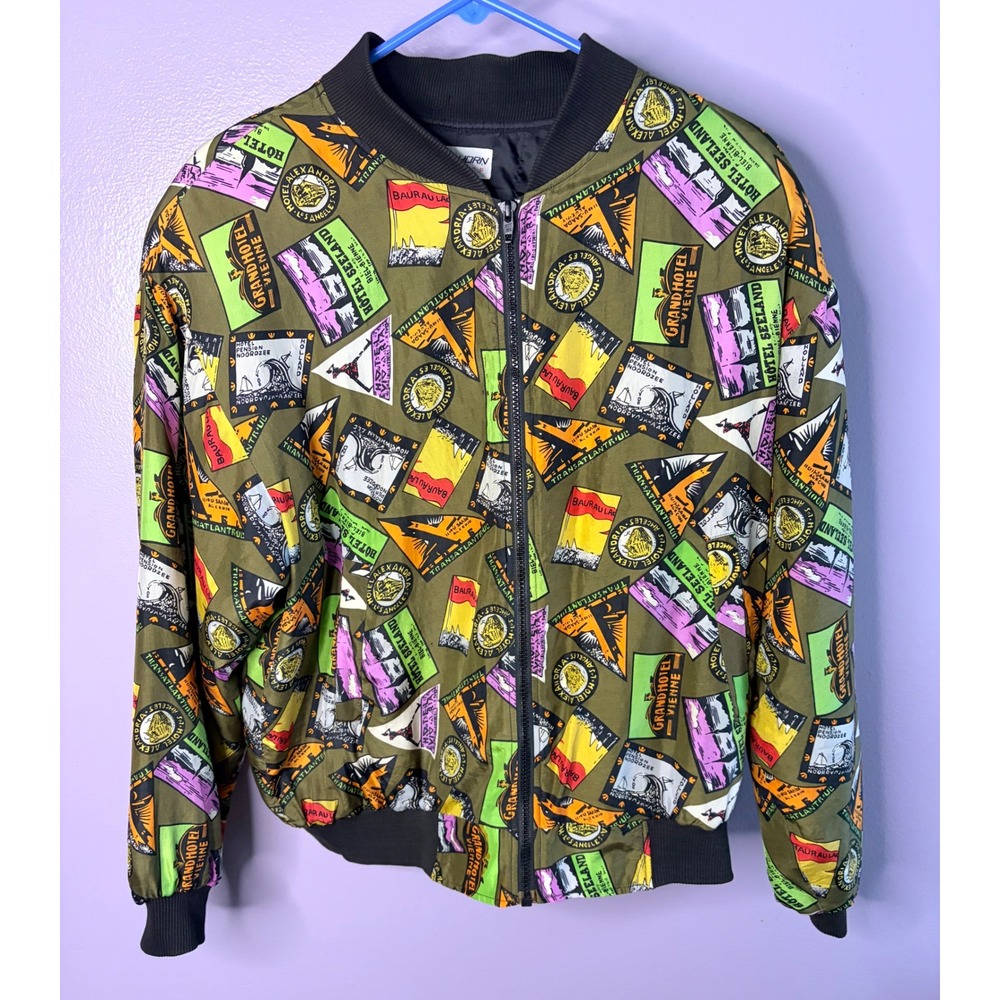 Vintage Carol‎ Horn Workshop 100% Silk Medium Retro Hotel Stamp Bomber Jacket